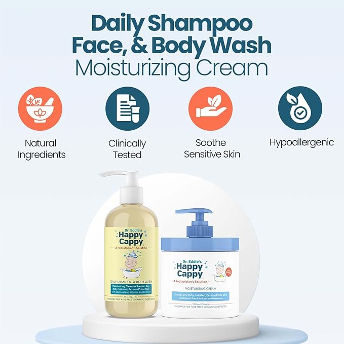 Happy Cappy Baby Shampoo and Body Wash and Moisturizing Cream Bundle - Eczema Body Wash and Lotion for Kids, Toddler, Adults, Helps with Dryness, Reduces Itching, Dermatologist Tested, Fragrance-Free