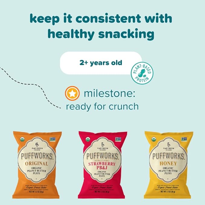 Puffworks Baby Organic Peanut Butter Puffs, Perfect for Early Peanut Introduction, Plant Protein, USDA Organic, Gluten-Free, Vegan, Non-GMO, Kosher, 1.0 Ounce (Pack of 6)