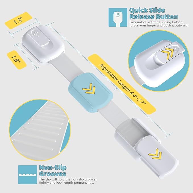 4our Kiddies 10 Pack Baby Proof Cabinet Latches, Childproof Drawer Latches with 6 Extra 3M Adhesives, Adjustable Child Safety Cabinet Strap Locks, Baby Drawer Locks for Kids and Child Safety