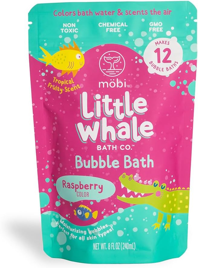 Mobi Little Whale Bubble Bath, Tropical Fruity Raspberry Scent Kids Body Wash, Gentle Moisturizing Tub Foam for All Skin Type, GMO-Free, Stain-Free, Fun Pink Color, 8 fl oz