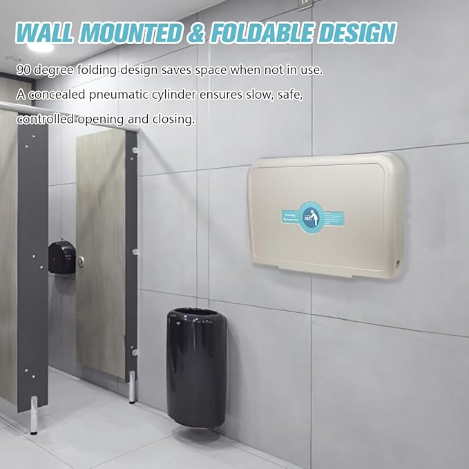 Fold-Down Baby Changing Station Wall-Mount - Modundry Horizontal Baby Change Table with Safety Straps for Commercial Restrooms (White Granite)