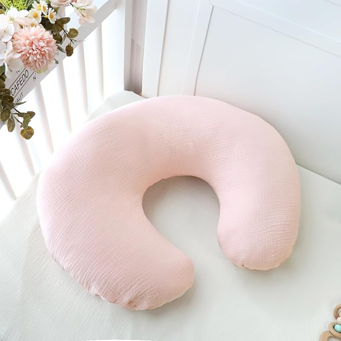 Baby Nursing Pillow Cover, Removeable Breastfeeding Pillow Slipcover, Muslin Nursing Pillow Case for Newborn Boys Girls, Soft Fabric Fits Snug On Infant, Washable & Breathable, Pink (Cover Only)