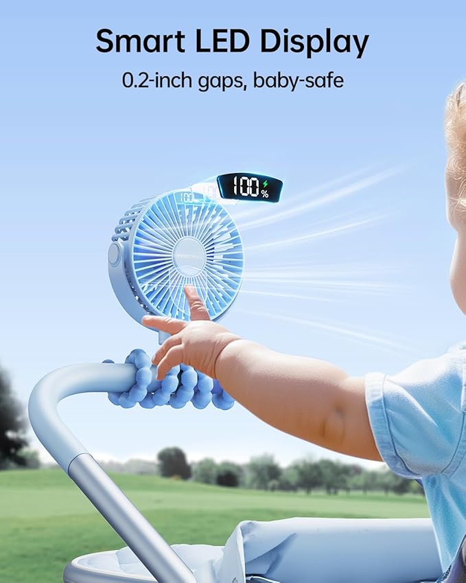 SWEETFULL Portable Stroller Fan with Display 4000mAh Battery Powered Mini Clip On Fan, 4-Speed Rechargeable Small Personal Cooling for Baby Car Seat Crib Travel - Blue