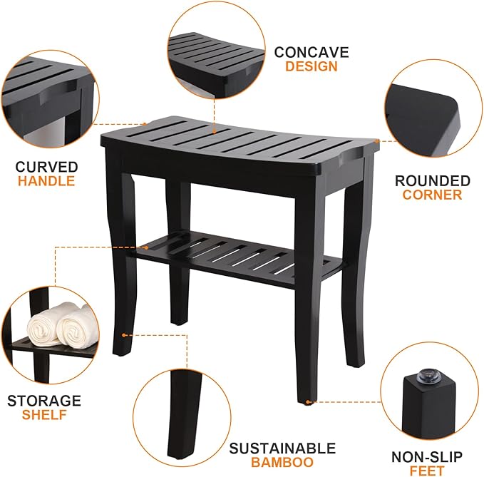 VVW 19 Inch 2-Tier Bamboo Shower Bench - Bathroom Bench Seat with Storage Shelf, Wooden Spa Seat with Non-Slip Feet Bath Stool for Adults Women Elderly, (Black)