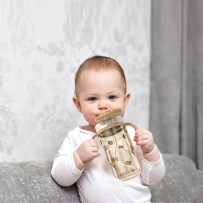 Evorie Tritan Spill Proof Toddler Straw Sippy Cup, 10 oz for Baby and Toddlers 1-3 Years Old, No Spill Straw Water Bottle with Removable Handles, Ideal for School, BPA-Free, Honey Bear