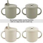 PandaEar 2 Pack Silicone Baby Straw & Snack Cup with 2 Spoons 2 Forks, Dual-Purpose Toddler Training Cups, Light Tan/Walnut