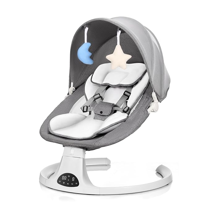Baby Swing for Newborn to Toddler, 5 Speed Portable Infant Swing with Bluetooth Touch, Remote Control, 10 Lullabies, Timer, 5 Point Harness and Soft Fabric (Grey)