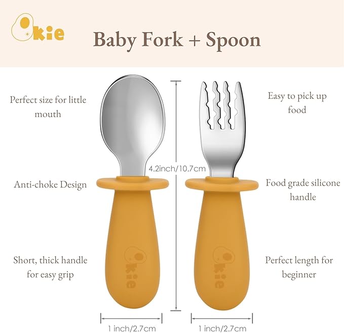 Toddler Utensils, Toddler Forks and Spoons, Baby Spoons Self Feeding, Stainless Steel Baby Silverware with BPA Free Silicone Easy Grip, 8 Months+
