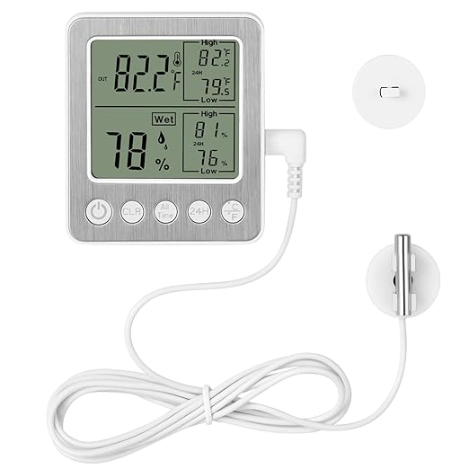 Digital Refrigerator Freezer Fridge Thermometer with Extra Sensor Digital Hygrometer max and min Before 24 Hours and All time Remember Reptile Tank Thermometer Hygrometer White zz20