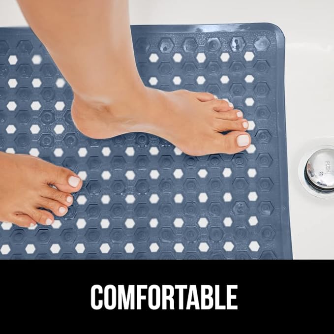 GORILLA GRIP Patented Bath Tub Shower Mat, Machine Washable Bathtub Floor Liner Mats, Suction Cups and Drain Holes to Keep Tubs Clean, Soft on Feet, Bathroom Essentials, 35x16 Inch, Clear Navy