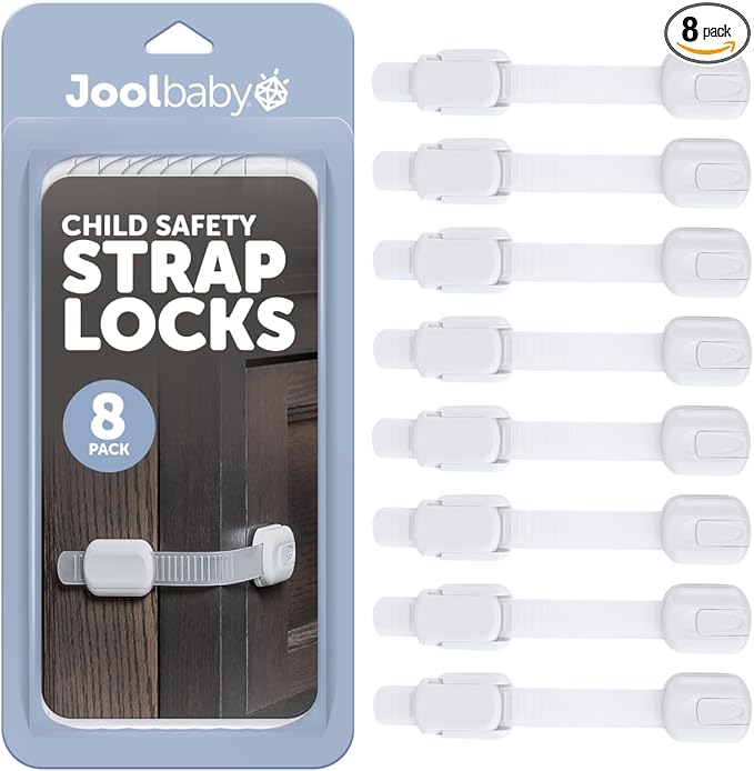 Child Safety Strap Locks (8 Pack) Baby Proof Cabinets, Drawers, Fridge, Toilet & Trash Cans – 3M Adhesive Childproof Locks – Jool Baby