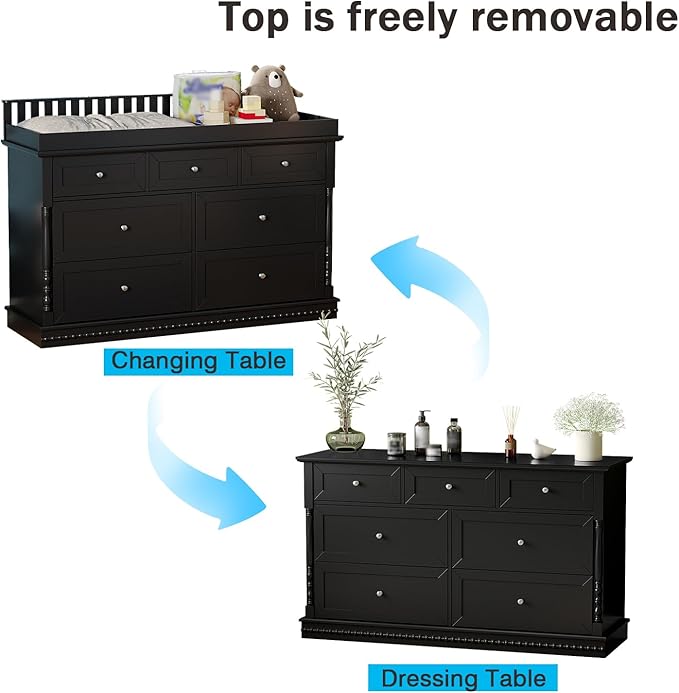 Baby Dresser with Changing Table Top, Black Dresser for Nursery with 7 Storage Drawers, Multi-Functional Baby Changing Table, Modern Diaper Nursery Dressers Station for Kids Bedroom