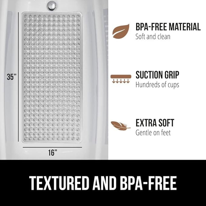 GORILLA GRIP Patented Bath Tub Shower Mat, Machine Washable Bathtub Floor Liner Mats, Suction Cups and Drain Holes to Keep Tubs Clean, Soft on Feet, Bathroom Essentials, 35x16 Inch, Clear Gray