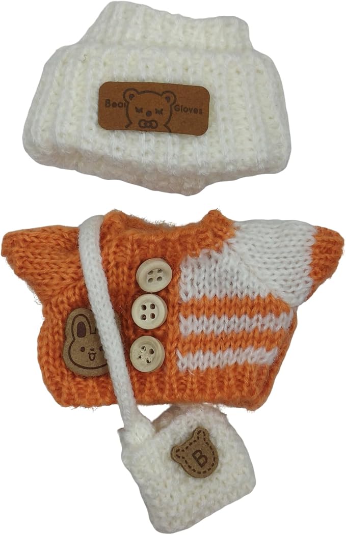 Handmade Crochet Doll Clothes ,Compatible with 5.91-6.7inch (15-17cm) Dolls as Accessories , Adorably Stylish Set for Dolls, Cute Doll Outfit with Accessories ( Orange Sweater + White Hat +White Bag)