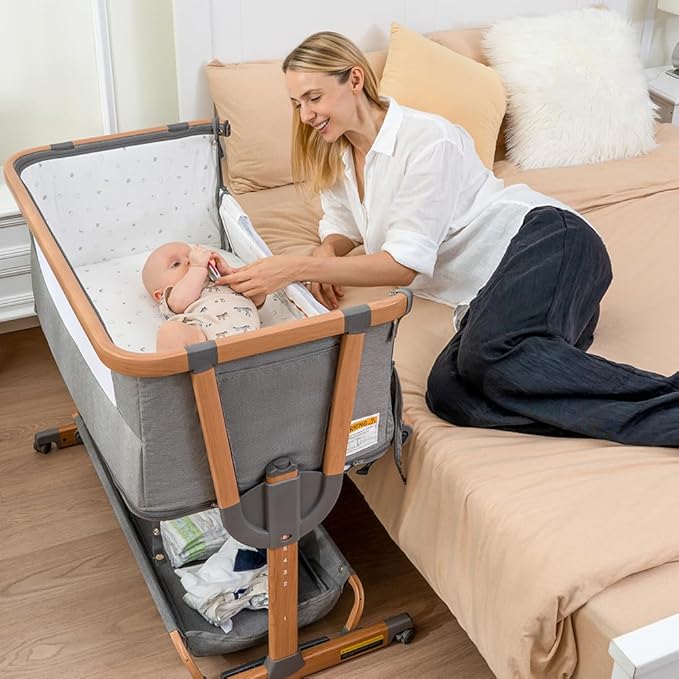 Papablic 4 in 1 Baby Bassinet, Bedside Bassinet for Baby, Adjustable Rocking Bassinet Bedside Sleeper with Soft Mattress & Storage Basket, Easy to Assemble