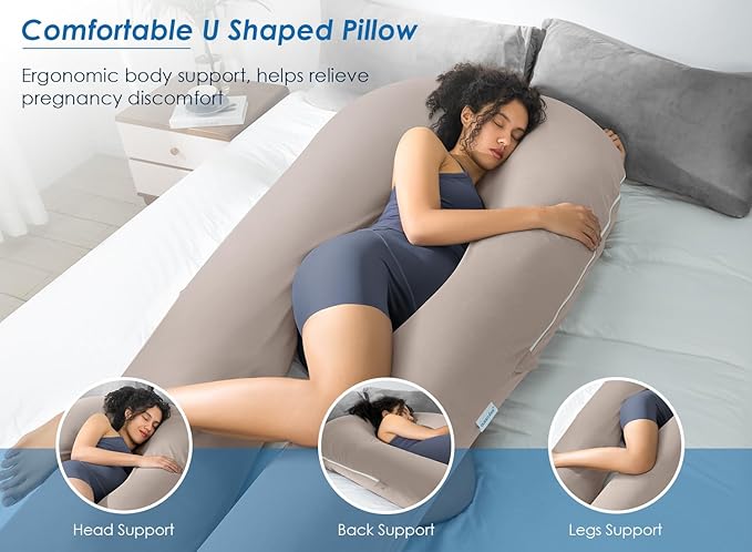 QUEEN ROSE Extra Long U Shaped Body Pillow, Cooling Pregnancy Pillows for Sleeping, 65 Inch Full Body Support Maternity Pillow for Adults, Support for Back, Hip, Legs for Pregnant Women, Nomad