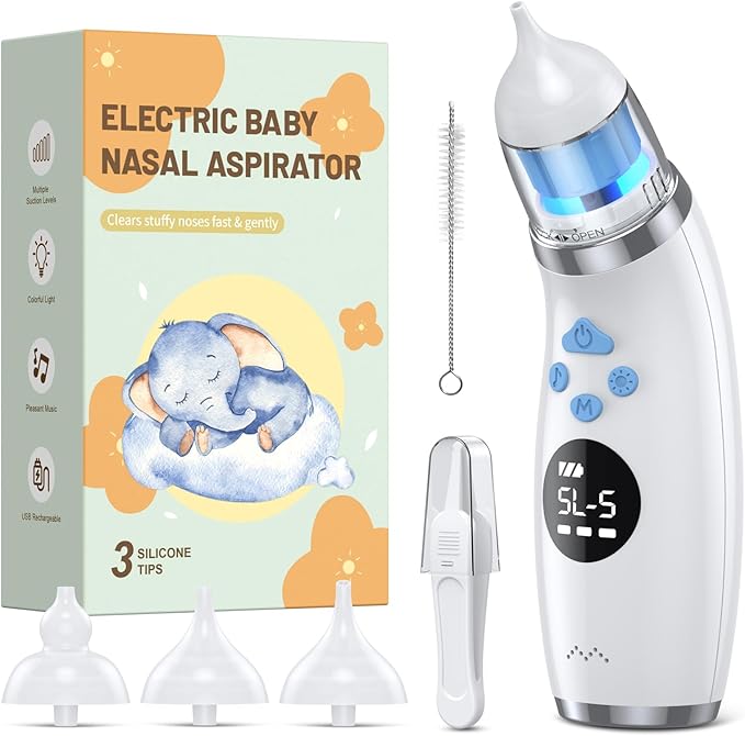 Nasal Aspirator for Baby with Light and Music, Electric Babies Nose Sucker with 3 Soft Silicone Tips, 5 Levels Suction Adjustment Nose Cleaner for Kids Girl Boy Adult Pets