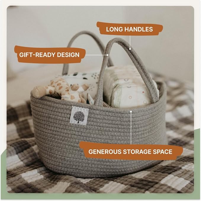 Parker Baby Rope Diaper Caddy Organizer - Nursery Storage Bin and Car Organizer for Diapers and Baby Wipes - Diaper Organizer for Baby Essentials, Baby Shower Gifts - Gray
