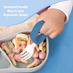 Baby Self Feeding Training Spoon and Fork Set with Travel Case, BPA-Free Cute Circle Toddler Training Utensils, Silicone/ABS Great Tableware Set Spoons Fork for Kids(Blue & Light blue)