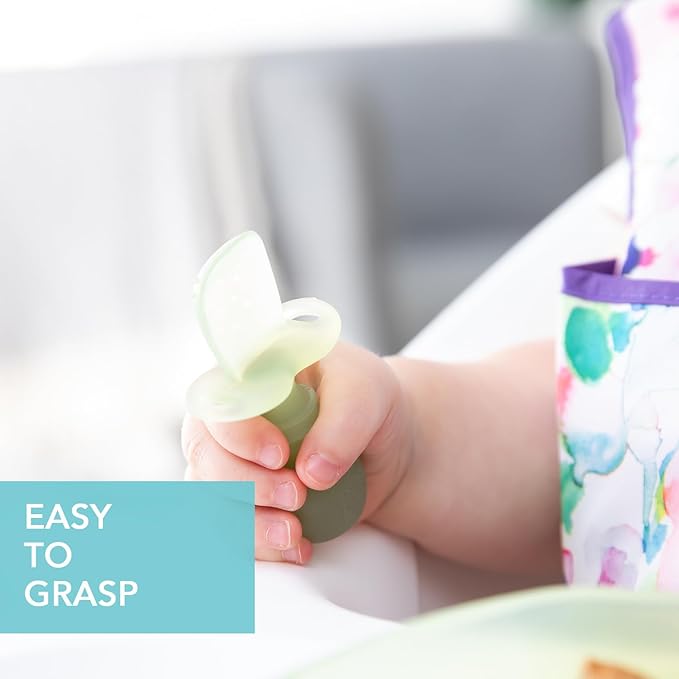 Bumkins Baby Utensils Set, Chewtensils Silicone Spoons for Dipping, Self-Feeding, Baby Led Weaning, Trainer Learning, First Stage Eating, Soft Practice Fork and Spoon, Babies 6 Months, Green Jelly