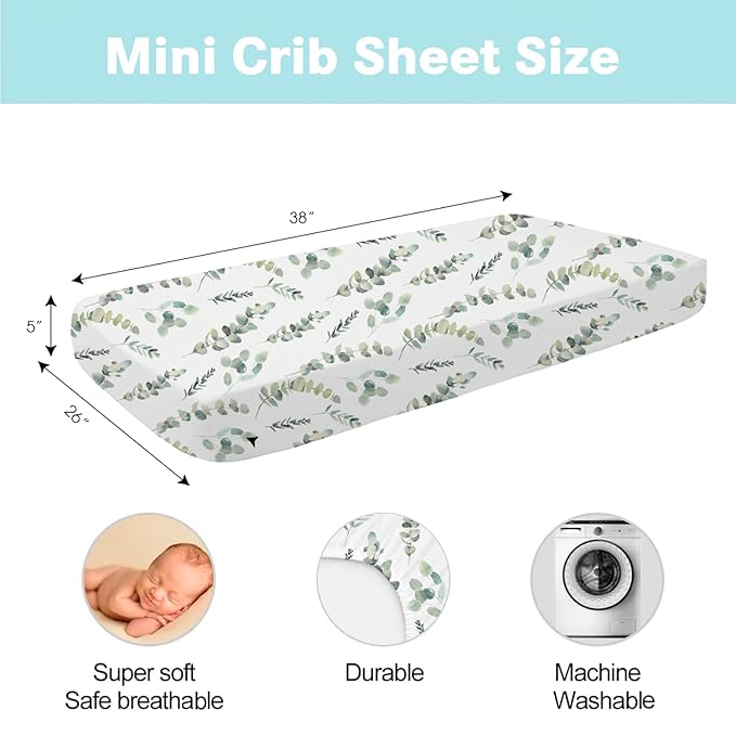bimocosy Mini Crib Sheets,Pack and Play Sheets for Baby Boy Girl 4 Pack,Size 38"x 26" for Playard Mattress,Portable Mini Crib,Soft Pack N Play Sheets Fitted,Leaf/Bear/Gray/Green