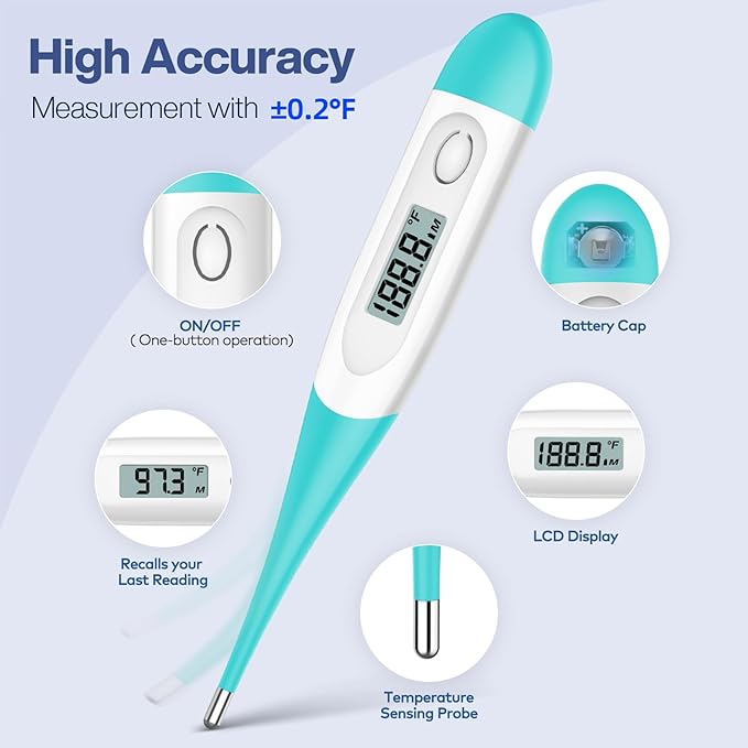 Boncare 10 Seconds Oral Thermometer for Adults and Kids - Accurate & Safe Rectal Thermometer for Baby with Fever Alarm, Digital Thermometer (Blue Green)