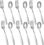 HAKSEN Stainless Steel Toddler Utensils Set, 12PCS Kids Safe Forks and Spoons with Bunny and Puppy Motifs, Mirror Polished & Dishwasher Safe
