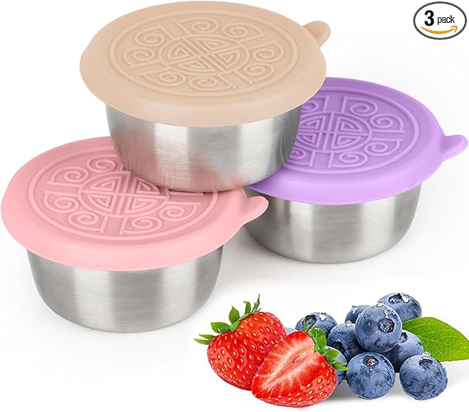 3X1.6-ounce stainless steel salad dressing cup with leak-proof silicone lid, reusable sauce container, seasoning box, lunch box accessory, children's snack dispensing can