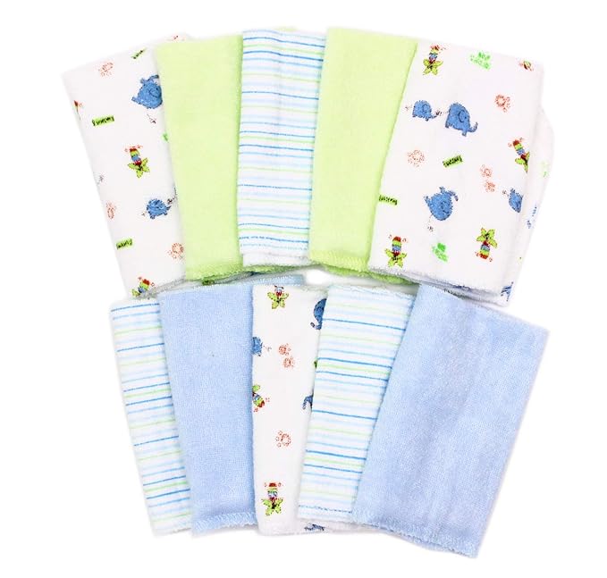 Spasilk Washcloth Wipes Set for Newborn Boys and Girls, Soft Terry Washcloth Set, Pack of 10, Blue Elephants