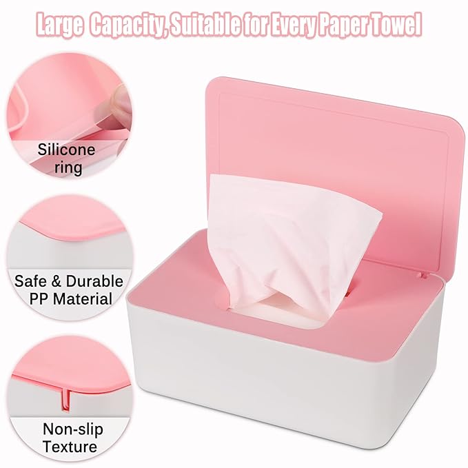 NOVWANG Wipes Dispenser, Baby Wipe Holder, Keeps Wipes Fresh, Refillable Wipe Container Baby Wipes Case for Bathroom Wipes Pouch Case, Pink