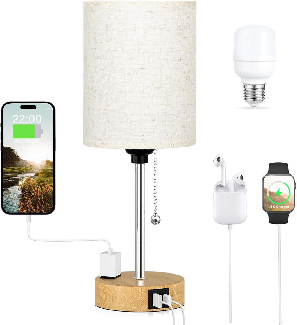 Small Bedside Lamp for Bedroom Nightstand - Table Lamp with USB C and A Port, Pull Chain Bed Lamps with AC Outlet, Wood Base Night Stand Lights for Kids Reading, Desk Lamp for Living Room/Dorm Room