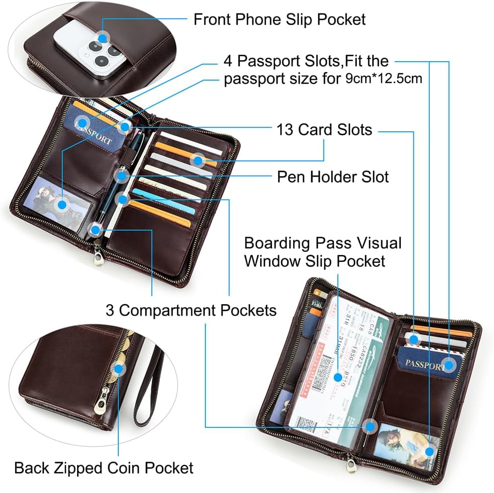 CONTACTS Travel Passport Wallet for Men Leather Family Passport Holder Travel Clutch Wallet Zipper Wrist Card Purse RFID Blocking with 13 Card Slot Fit up 4 Passports