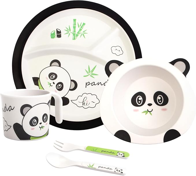 Kids Feeding Set 5 Pcs, Tableware Set for Toddlers Includes Plate Bowl Cup Fork and Spoon Utensil Flatware, Kids Flatware Set Dishwasher Safe, BPA Free (Panda)