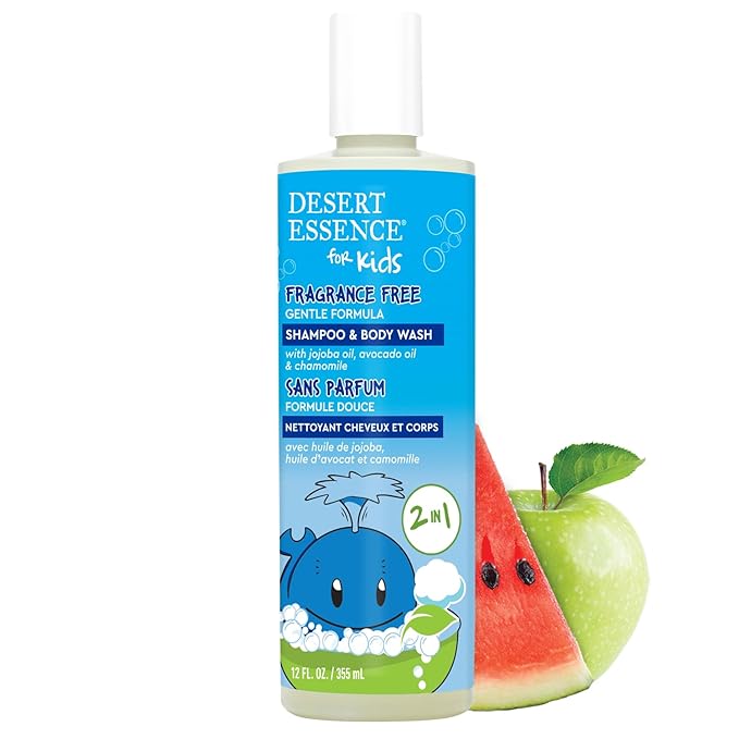 Desert Essence Kids Fragrance Free 2-in-1 Shampoo & Body Wash 12.0 fl oz - Vegan, Gluten-Free. Cruelty-Free - Leaves Hair & Skin Nourished - Gentle Formula