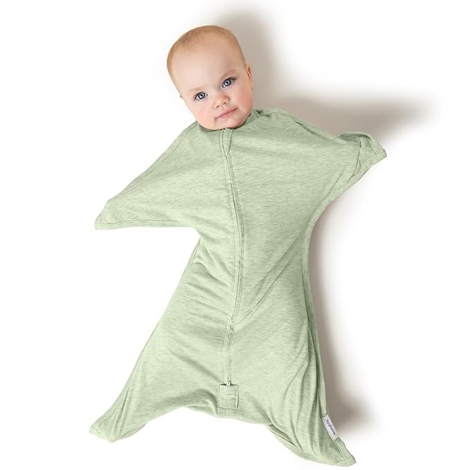 SleepingBaby Zipadee-Zip Transition Swaddle - Cozy Baby Swaddling Blanket with Zipper Convenience - Roomy Wearable Blanket for Easy Diaper Changes - 6-12 Month - Zen Garden Green Heather
