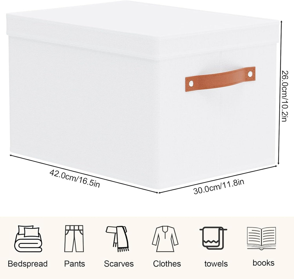 Fabric Storage Bins, Clothes Boxes for Shelves with Lids, 3 Pack Baskets for Organizing with Handles, Decorative Linen Closet Organizers, White, 16.5 x 11.8 x 10.2 Inch