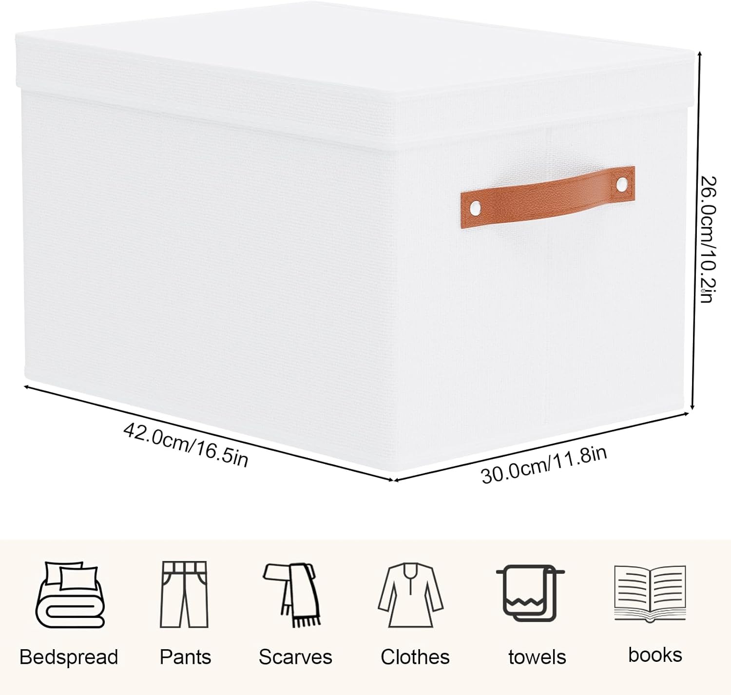 Fabric Storage Bins, Clothes Boxes for Shelves with Lids, 3 Pack Baskets for Organizing with Handles, Decorative Linen Closet Organizers, White, 16.5 x 11.8 x 10.2 Inch