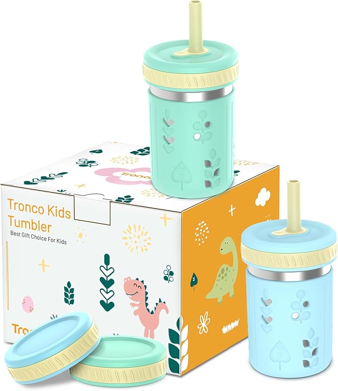 Tronco [2 Pack] 10 oz 2-in-1 Stainless Steel Kids Tumbler Cups with Silicone Sleeves, Spill-Resistant Flexible Straws & Storage Lids, BPA-Free Smoothie and Snack Cups, Dishwasher Safe