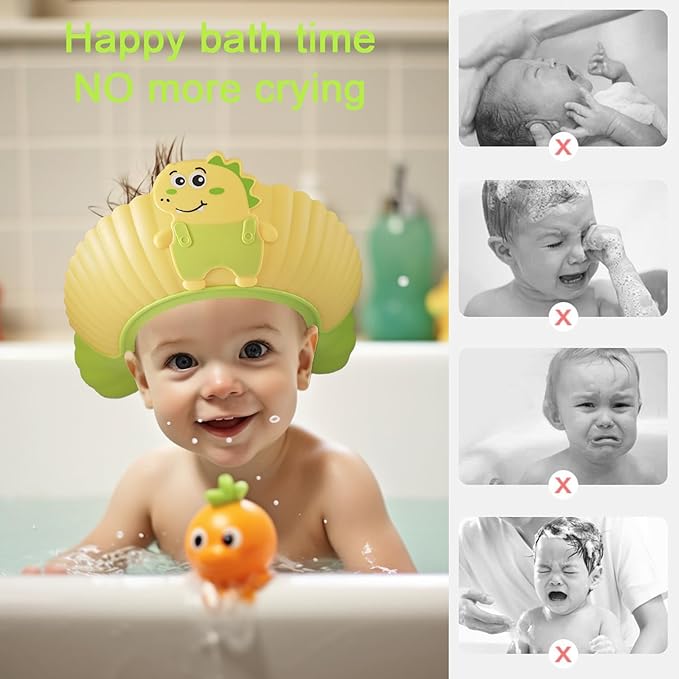 Baby Shower Cap Shield, Shower Cap for Kids, Visor Hat for Eye and Ear Protection for 0-9 Years Old Children, Cute Little Dinosaur Shape Makes The Baby Bath More Fun (Pink)