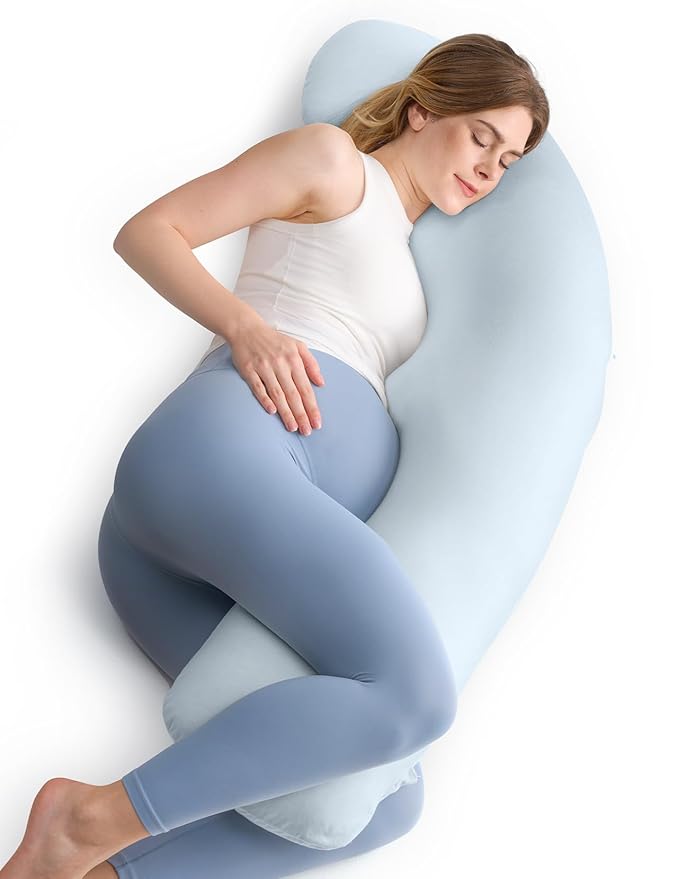 Momcozy Pregnancy Pillows for Side Sleeping, J Shaped Maternity Body Pillow for Pregnancy, Soft Pregnancy Pillow for Head Neck Belly Support, Blue