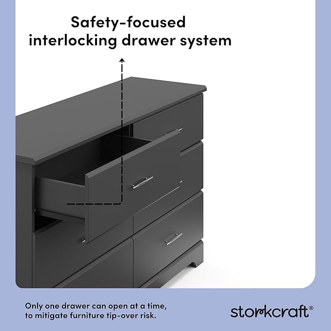 Storkcraft Brookside 6-Drawer Dresser (Gray) – GREENGUARD Gold Certified, Gray Dresser for Bedroom, Kids & Nursery Storage Chest, Safety Interlocking Drawers, Pre-Installed Tracks, Kids Chest