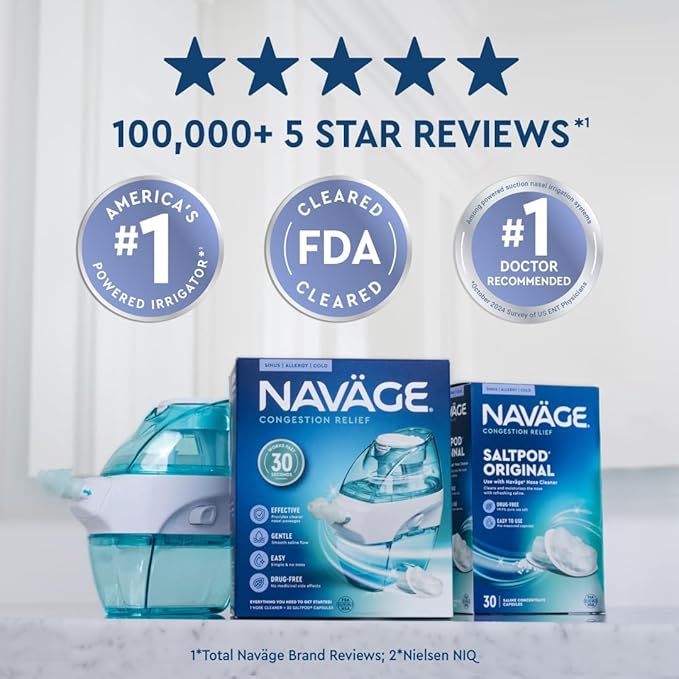 Navage Deluxe Bundle Nasal Irrigation System - Saline Nasal Rinse Kit with 1 Nose Cleaner, 30 Salt Pods, Paisley Travel Bag and 1 Countertop Caddy