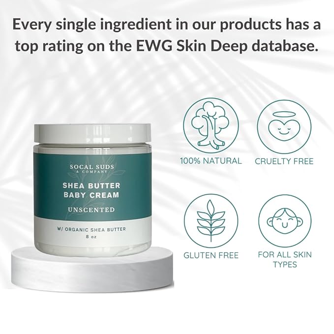 SoCal Suds & Company - Organic Baby Face & Body Cream - Natural Moisturizer with Shea Butter, Coconut Oil & Aloe for Newborns, Kids & Toddlers - Fragrance Free Shea Body Butter - 8oz