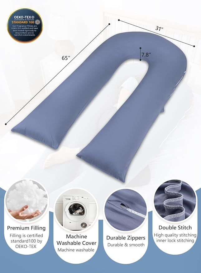 Meiz Pregnancy Pillows, Cooling Silky Pregnancy Pillows for Sleeping, 65" U Shaped Full Body Maternity Pillow for Pregnant Women, with Washable Jersey Cotton Cover, Blue