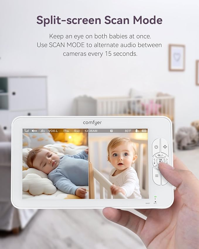 7" Split-Screen Baby Monitor with 2 1080P Cameras, 720P HD No WiFi Monitor with a Flexible Bracket, Video Baby Monitor with Camera and Audio, 2 Way Audio, Remote PTZ, Auto Night Vision