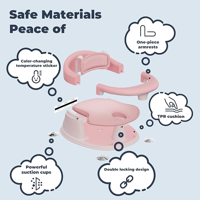 Baby Bath Seat-for Babies 6 Months & up with Temperature Alert+Soft Cushion+Suction, Toddler Bath Seat for Baby, Sitting Up with Baby Bathtub Seat, Pink