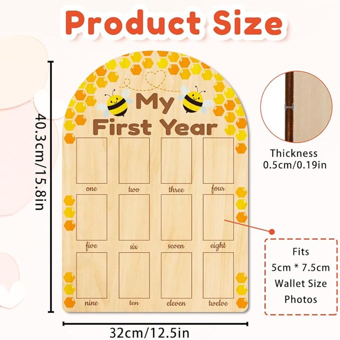ORIGACH My First Year Baby Growth Photo Display Wood Board - 12 Months Newborn Milestones Photo Board - Neutral Baby Keepsake Board 1st Birthday Party Nursery Decor New Mom Gift - Bee