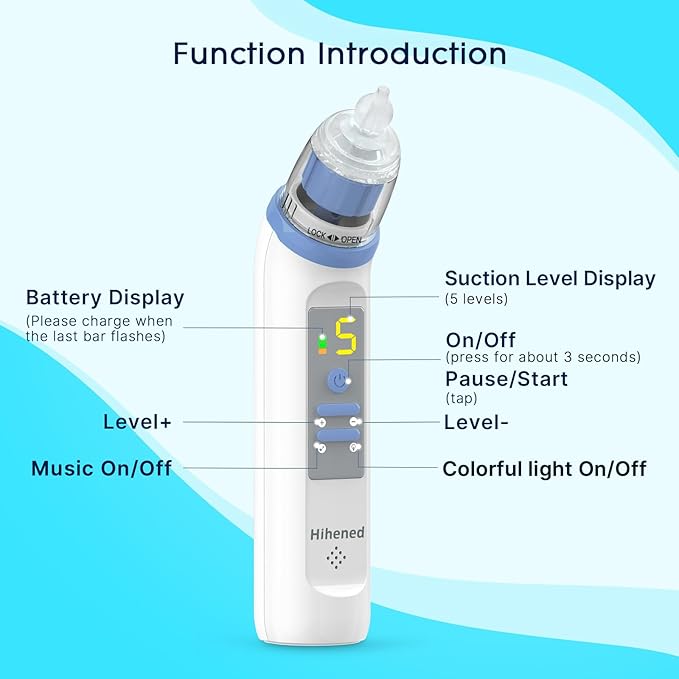 Electric Nasal Aspirator for Baby, Nose Aspirator for Toddlers, Rechargeable Baby Nose Sucker, Nose Cleaner with 3 Silicone Tips, 5 Suction Levels, Music and Light Soothing Function，Blue