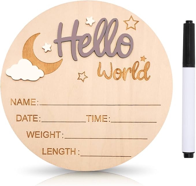 Baby Announcement Sign, 5.9 Inch Wooden Hello World Newborn Signs, Birth Announcement Sign and Pen, Moon and White Cloud Decoration, Welcome Newborn Arrival to World, Hospital Nursery for baby (Light Brown)