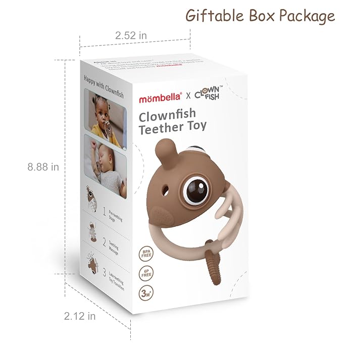 Baby Teething Toys 3-6 Months with Pacifier Clip, Mombella Clownfish Teether for Babies 6-12 Months, Food Grade Silicone Infant Teething Relief Toy, Baby Shower Gifts for Newborn Boys Girls, Tanned